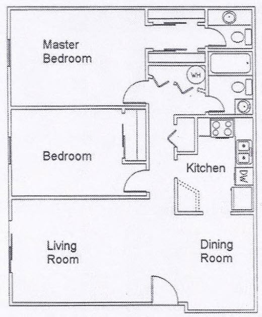 Floor plan for 2 beds, 2 baths, 978 sqft